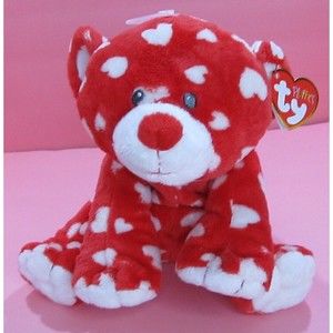Ty Pluffies Dreamly Red Bear White Hearts Stuffed Plush Sewn Eyes 2008 w/tag